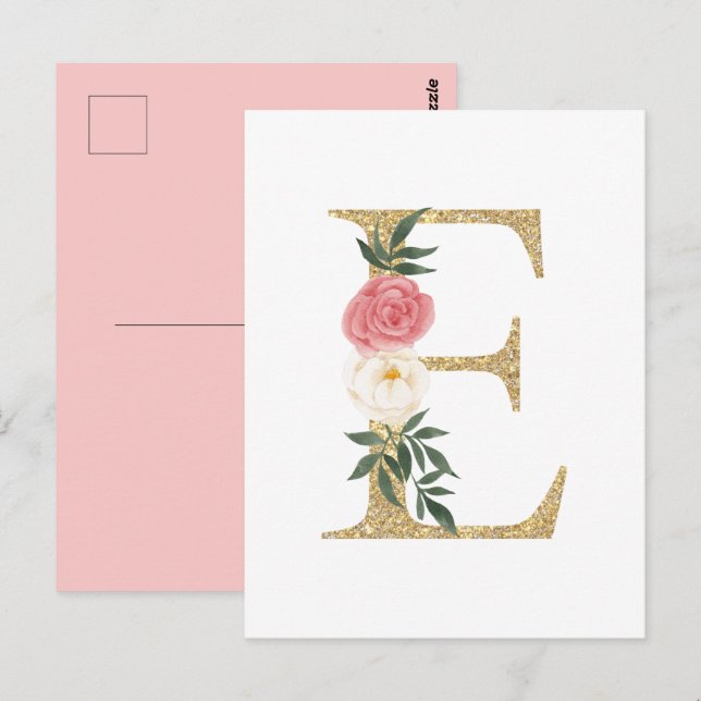 Imitate Goldfolie Letter E Blush Floral Monogramm Postkarte (Vorne/Hinten)