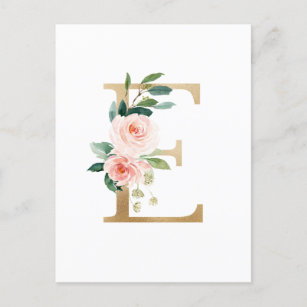 Imitate Goldfolie Letter E Blush Floral Monogramm Postkarte