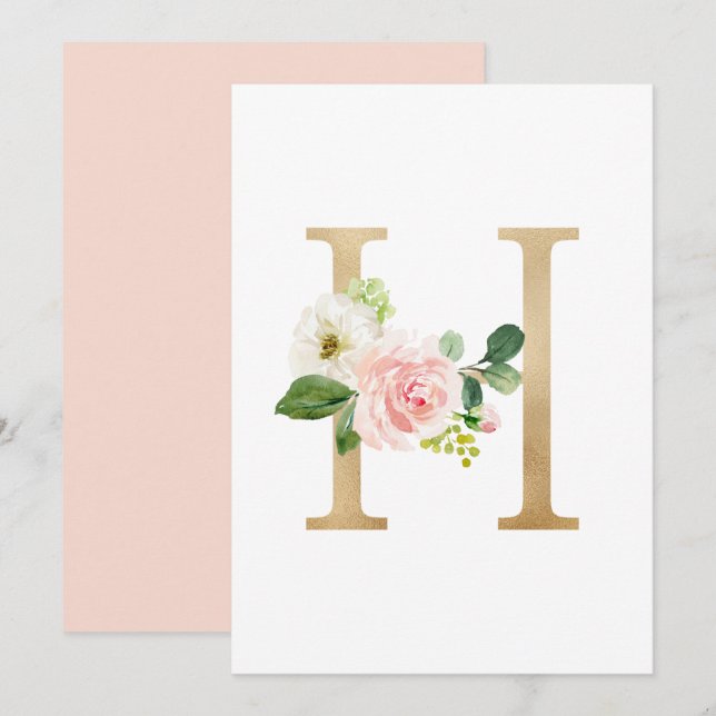 Imitate Goldfolie Letter H Blush Floral Monogramm Einladung (Vorne/Hinten)