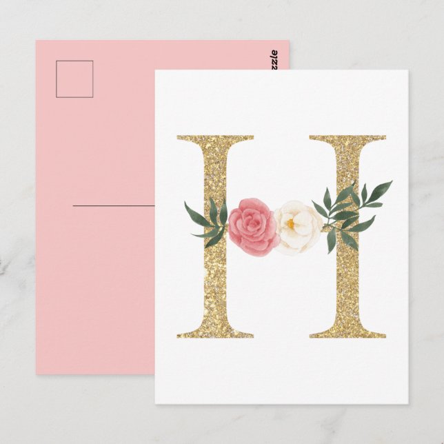 Imitate Goldfolie Letter H Blush Floral Monogramm Postkarte (Vorne/Hinten)