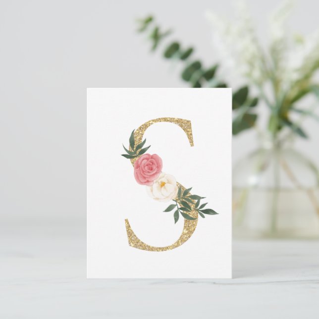 Imitate Goldfolie Letter S Blush Floral Monogramm Postkarte (Stehend Vorderseite)