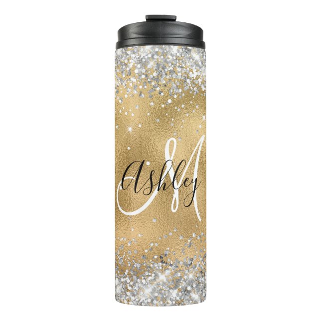 Imitate Goldfolie mit Funkelnd Glitzer Monogramm Thermosbecher (Vorderseite)
