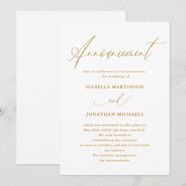 Imitate Goldkalligrafie-Hochzeitstornierung Einladung (Vorne/Hinten)