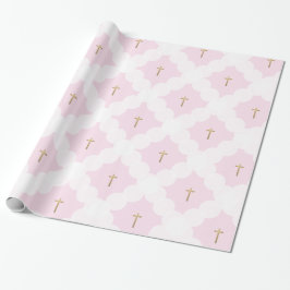 Imitate Goldkreuz weißes Kreismuster Taufe rosa Geschenkpapier