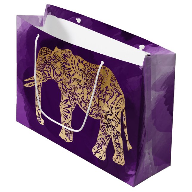 Imitate Goldstäbchen-Elefant lila Pinselstrich Große Geschenktüte (Vorderseite Schrägansicht)