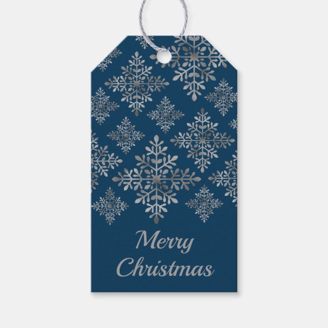 Imitate graue Schneeflocken auf blau (nicht echter Geschenkanhänger (Vorderseite)