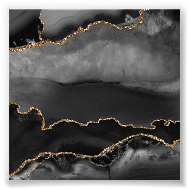 Imitate Gray Marbled Agate Golden Glitzer Schwarze Fotodruck (Vorne)
