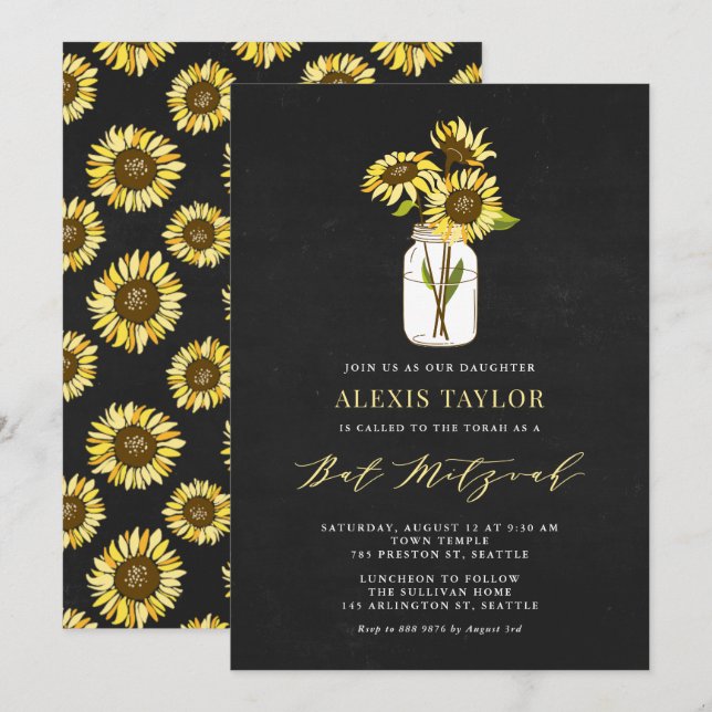Imitate Halbpension Gelbe Sonnenblumen Bat Mitzvah Einladung (Vorne/Hinten)