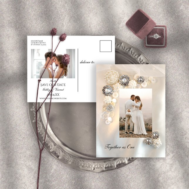 Imitate Hochzeitsknöpfe mit weißer Perle und Diama Ankündigungspostkarte (Von Creator hochgeladen)