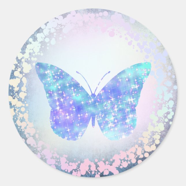 Imitate Holografisches Blaues Schmetterlinglogo Runder Aufkleber (Vorderseite)