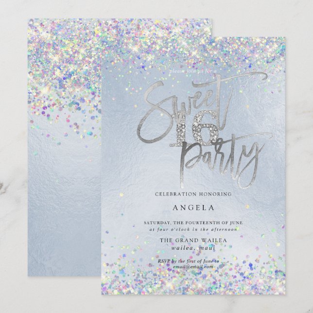 Imitate Hologram Sweet 16 Studded Diamond Dusty Bl Einladung (Vorne/Hinten)