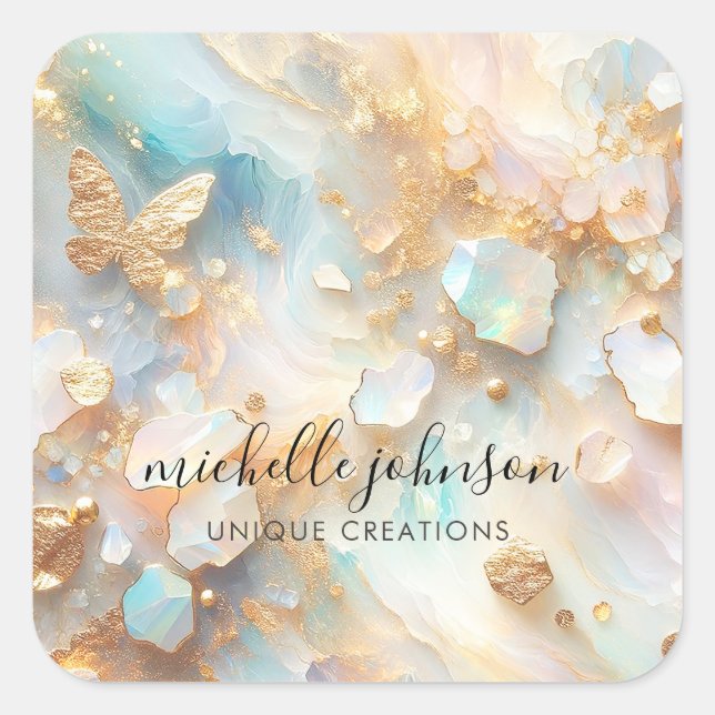 Imitate Holographic Opal Moonstone Gold Butterfly Quadratischer Aufkleber (Vorderseite)