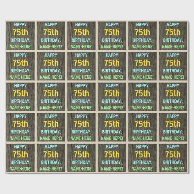 Imitate Holz, Textanstrich, 75. Geburtstag + Name Geschenkpapier (Flach)