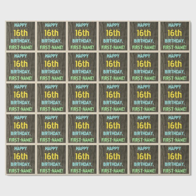 Imitate Holz, Textanzeige gestrichen, 16. Geburtst Geschenkpapier (Flach)