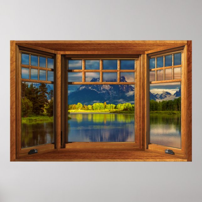 Imitate Holzbowfenster Illusion - Bergwelt Poster (Vorne)