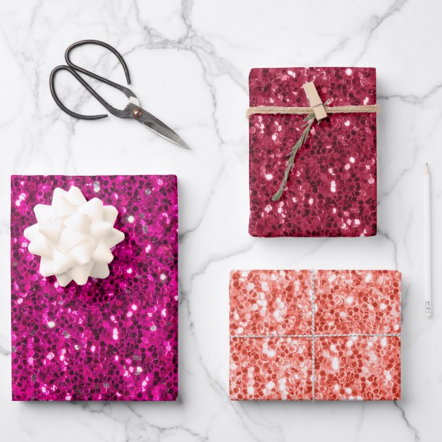 Imitate in rosa Magenta und Korallen Glitzer Geschenkpapier Set (Vorderseite)