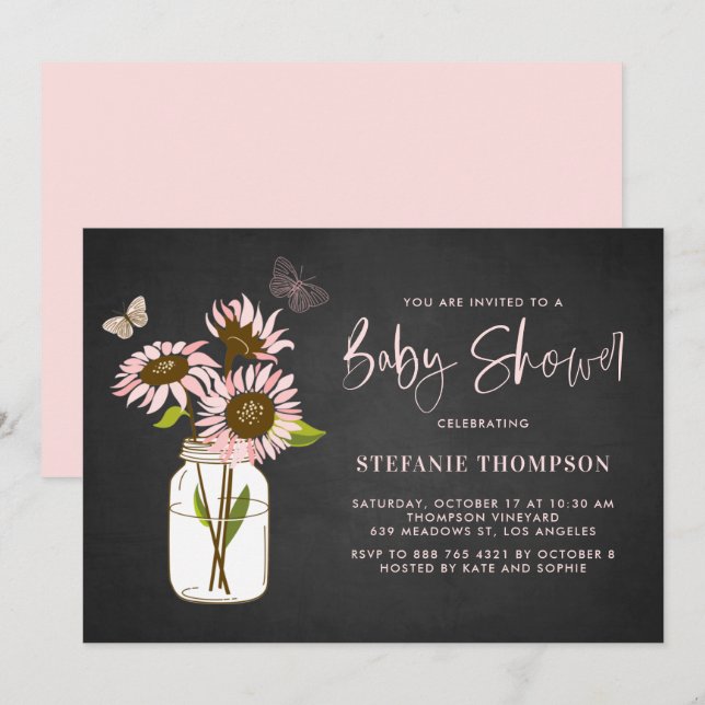 Imitate Kopfbrett Rosa Sonnenblumen Babydusche Einladung (Vorne/Hinten)