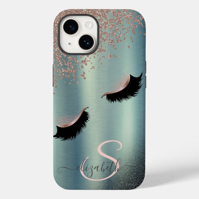 Imitate Lashes Black Glitzer Diamonds Green Case-Mate iPhone 14 Hülle (Rückseite)
