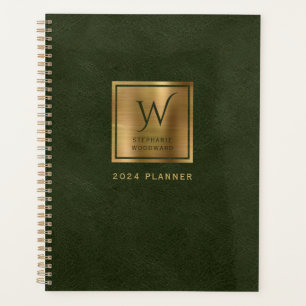 Imitate Leder Look Dunkelgrüne Gold Monogramm 2024 Planer