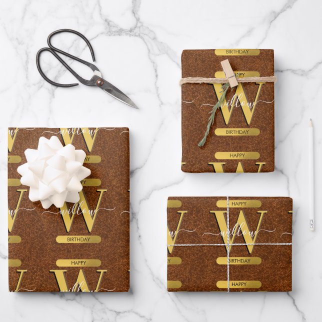 Imitate Leder und Gold Monogram Geburtstag Geschenkpapier Set (Vorderseite)