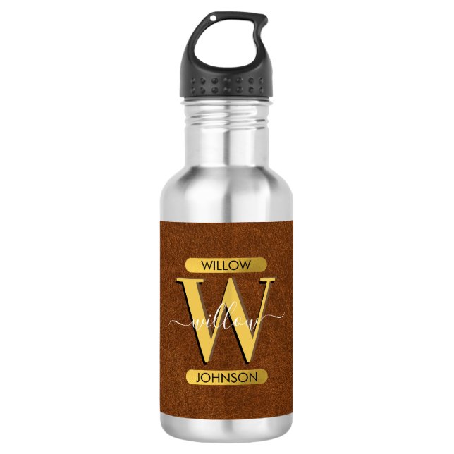 Imitate Leder und Gold Monogramm Edelstahlflasche (Vorderseite)