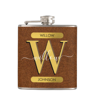 Imitate Leder und Gold Monogramm Flachmann