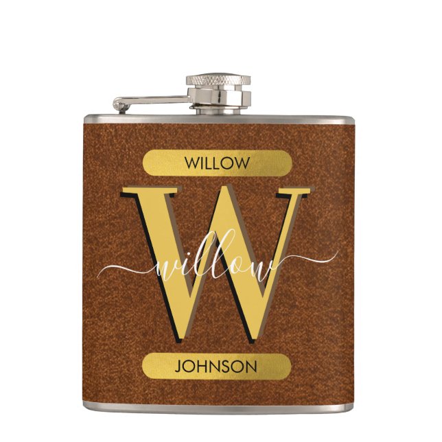 Imitate Leder und Gold Monogramm Flachmann (Vorderseite)