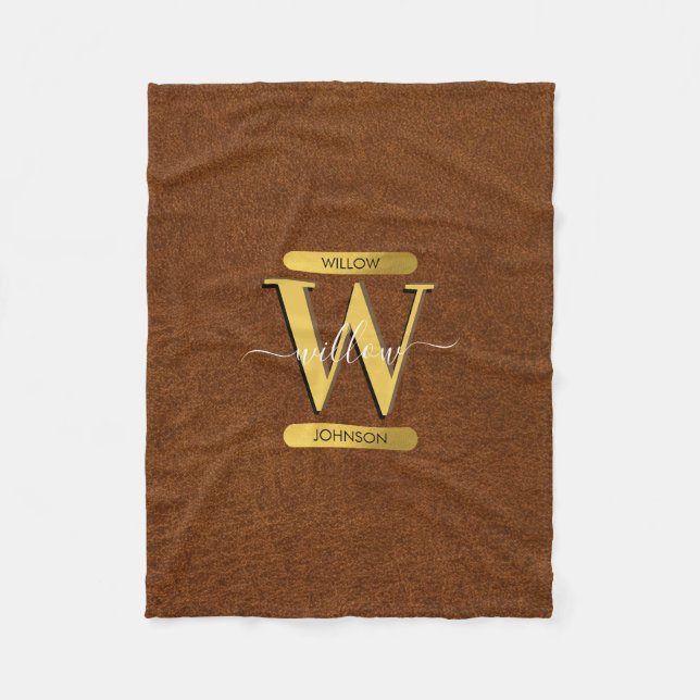 Imitate Leder und Gold Monogramm Fleecedecke (Vorderseite)