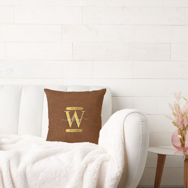 Imitate Leder und Gold Monogramm Kissen (Liege)