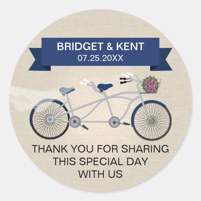 Imitate Leinen Dark Blue Tandem Bicycle Wedding Runder Aufkleber (Vorderseite)