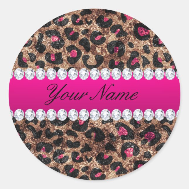 Imitate Leopard Hot Pink Rose Gold Found Diamanten Runder Aufkleber (Vorderseite)