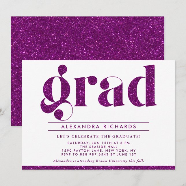 Imitate Lila Glitzer Graduierungspartei Einladung (Vorne/Hinten)