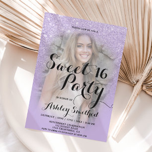 Imitate lila Lavendel Glitzer ombre Foto Sweet 16 Einladung