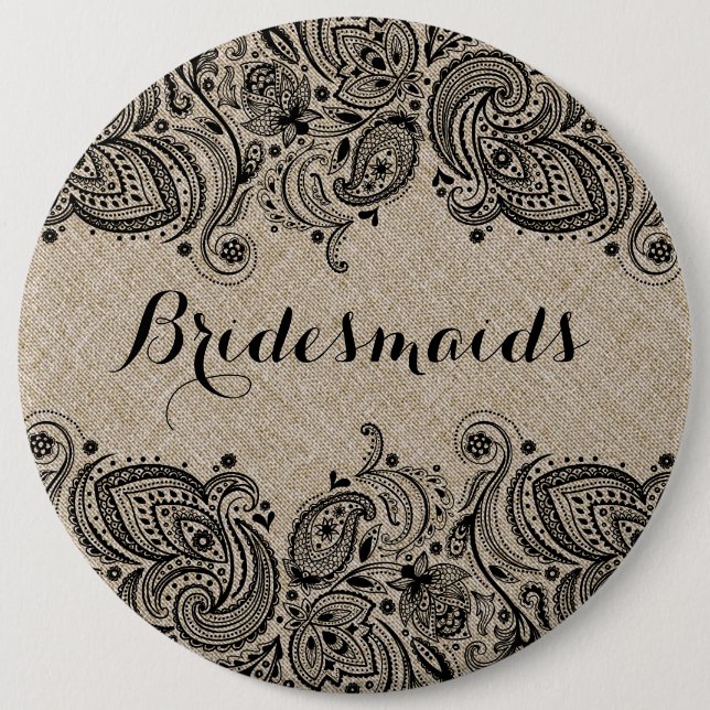 Imitate Linen & Black Paisley Lace Bridesmaier But Button (Vorderseite)