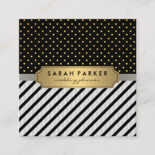 Imitate Linen Black Stripes Polka Dots Quadratische Visitenkarte