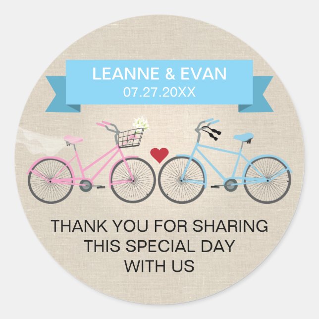 Imitate Linen Blue Bicycle Wedding Runder Aufkleber (Vorderseite)