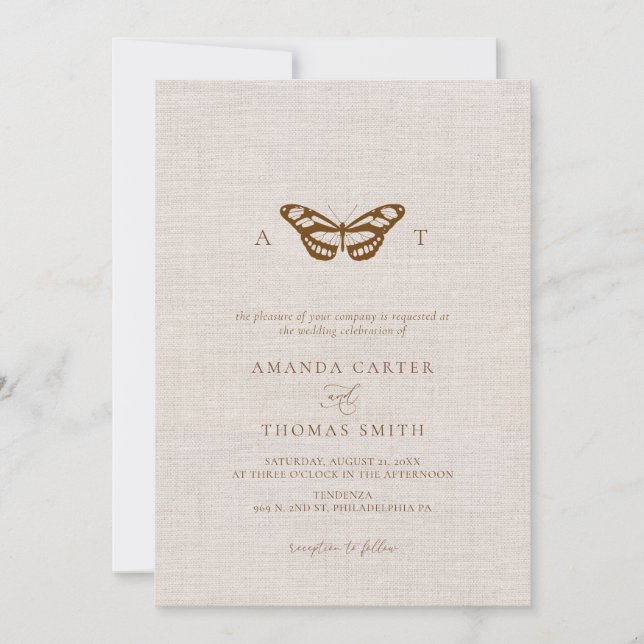 Imitate Linen Butterfly Monogram Chic Wedding Einladung (Vorderseite)