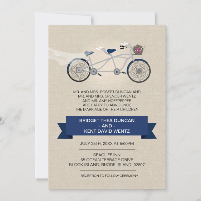 Imitate Linen Dunkelblau Tandem Fahrradhochzeit Einladung (Vorderseite)
