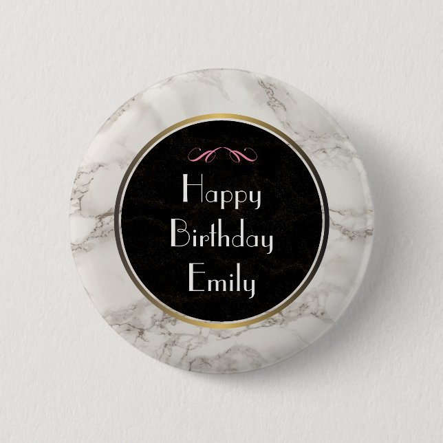 Imitate Marble Alabaster Taupe Tan Happy Geburtsta Button (Vorderseite)