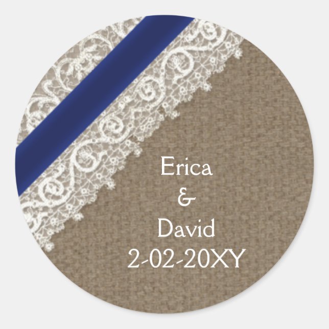IMITATE, marineblaue Spitzen und Burlap , Hochzeit Runder Aufkleber (Vorderseite)