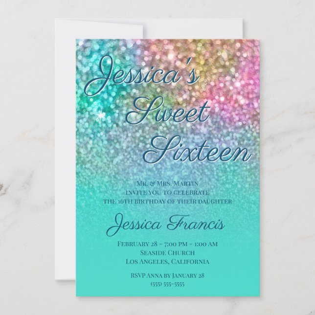 Imitate Mermaid Glitzer Turquoise Ombre 16 . Gebur Einladung (Vorderseite)