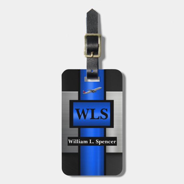 Imitate Metal Blue Black Gray Monogram Gepäckanhänger (Vorderseite vertikal)