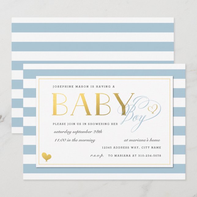 Imitate mit blauem und weißem Streifen Gold Baby B Einladung (Vorne/Hinten)