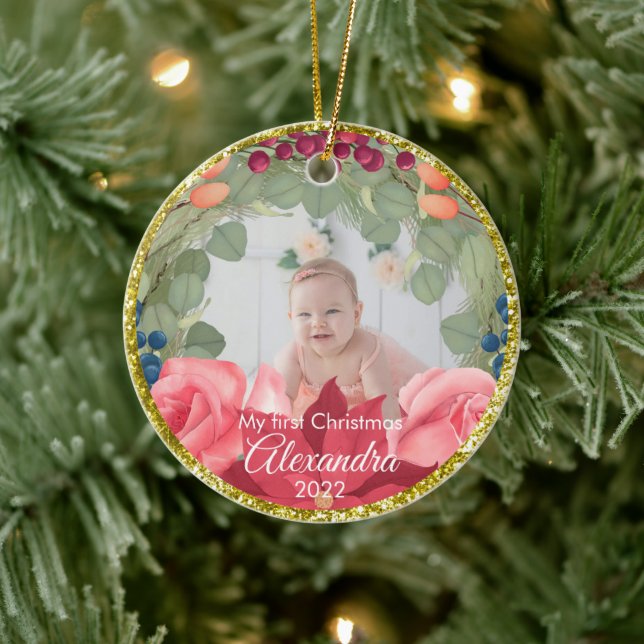 Imitate mit Blumenkranz, Glitzer-Poinsettia-Rose Keramik Ornament (Baum)