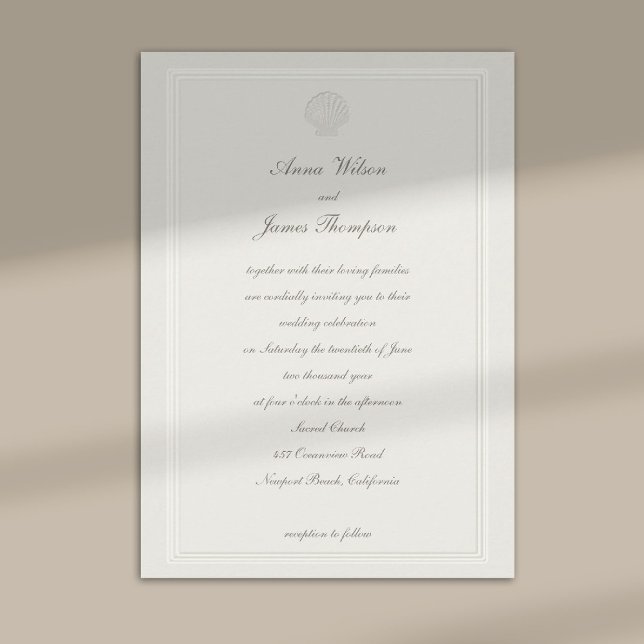 Imitate mit einprägtem Rahmen Seashell Ecru feierl Einladung (nautical coastal wedding invitation modern classic formal traditional elegant shell ecru frame)