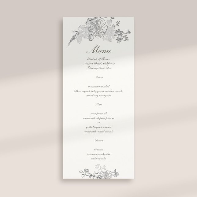 Imitate mit gehobener Peony Classic Formal Pearl W Menükarte (formal traditional elegant calligraphy wedding menu card faux embossed peony pearl classic)