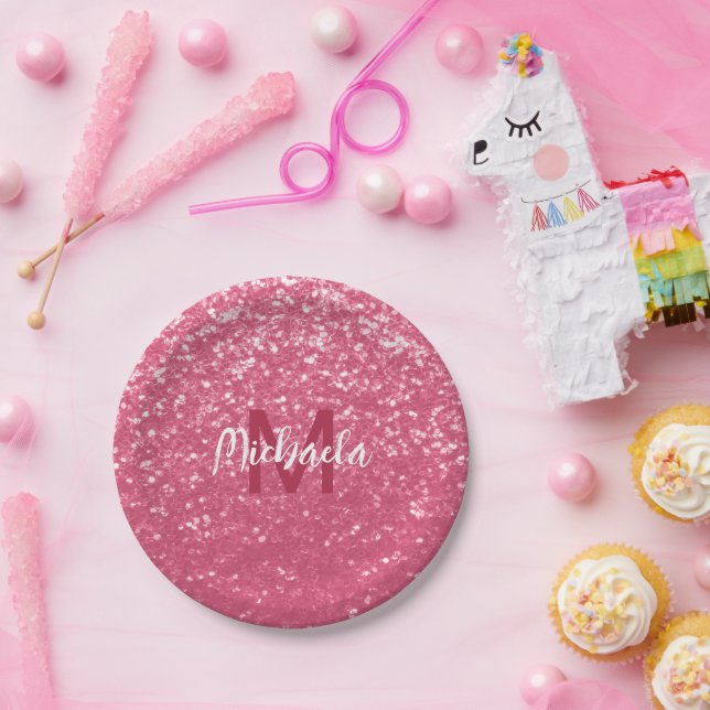 Imitate mit hellrosa Rose Glitzer Monogram Pappteller (Party)