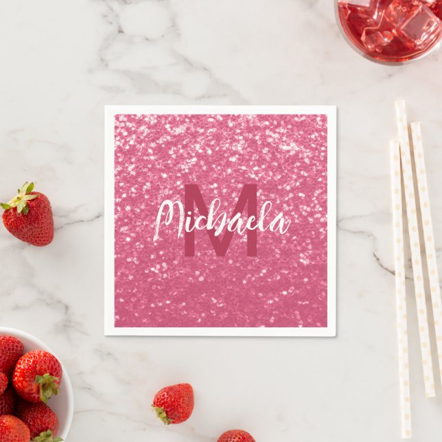 Imitate mit hellrosa Rose Glitzer Monogram Serviette (Beispiel)