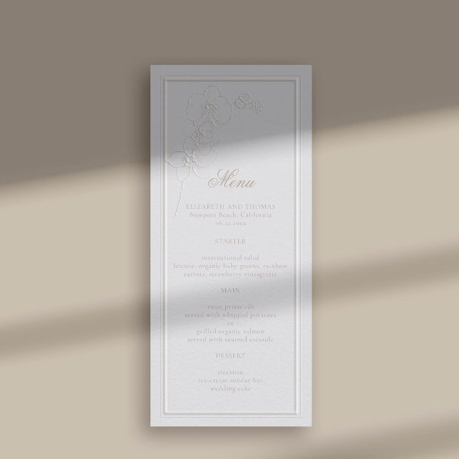 Imitate mit Orchideenrahmen Ivory Classic Hochzeit Menükarte (faux embossed orchids double frame modern classic wedding reception menu card ivory)