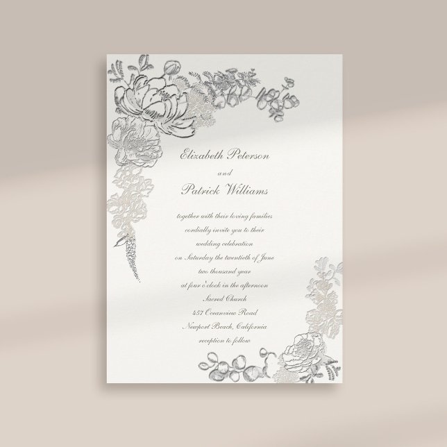 Imitate mit Prägung von Peony Chic Frame Calligrap Einladung (formal traditional elegant calligraphy wedding invitation faux embossed peony pearl classic)